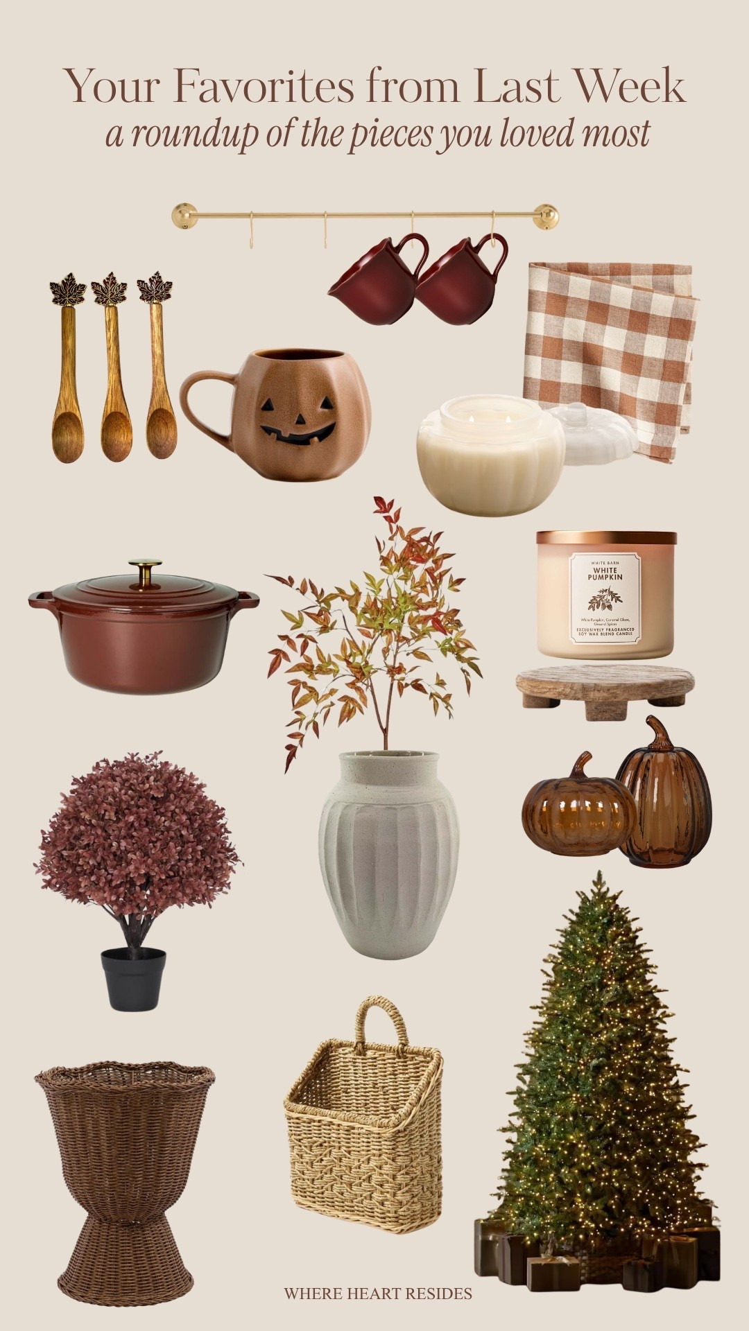Your favorites from last week 🤎 A little mix of cozy fall finds + a peek at Christmas favorites starting to make their way back in.

Fall coffee spoons, fall mug, fall candle, fall stems, dutch oven, christmas tree, viral christmas tree, grand duchess christmas tree, fall planter, gingham napkin, pumpkin mug, amber glass pumpkins, fall topiary, woven basket.

#LTKSeasonal #LTKHome