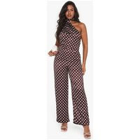 Womens Polka Dot Satin Scarf Detail Jumpsuit - Brown - 14 | boohoo (US & Canada)