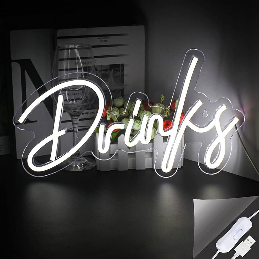 Looklight Drinks Neon Sign,Bar Neon Sign,Neon Signs for Wall Decor,Neon Sign For Room,White Neon ... | Amazon (US)