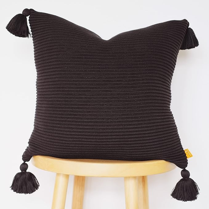 100% Soft Cotton Raised Stripes Textured Rib Knit Throw Pillow Cover with Tassels (20x20, Black) | Amazon (US)