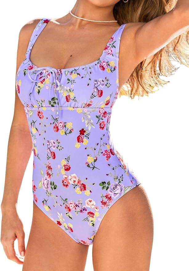 CUPSHE Women's One Piece Swimsuit Square Neck Tie Bathing Suit Adjustable Straps Back Hook Ruchin... | Amazon (US)