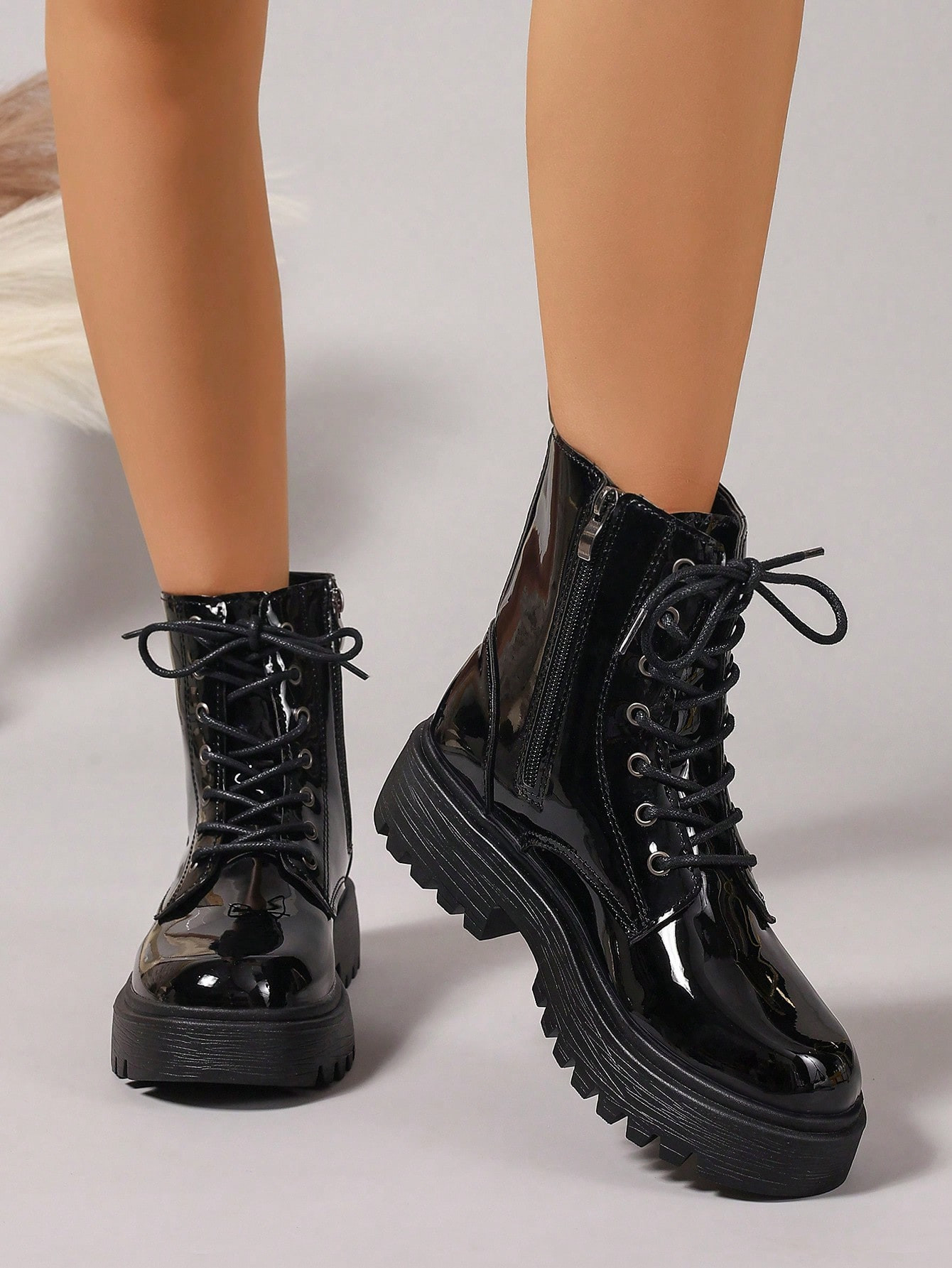 Women's Fashion Versatile Patent Leather Soft Comfortable Lace-Up Boots, Suitable For Spring, Aut... | SHEIN