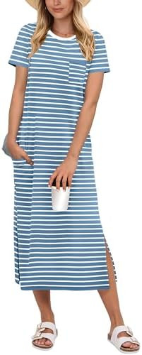 ANRABESS Womens Midi Dress,Summer Long Tshirts Dresses,Short Sleeve Split Stripe,Comfy Travel Bea... | Amazon (US)