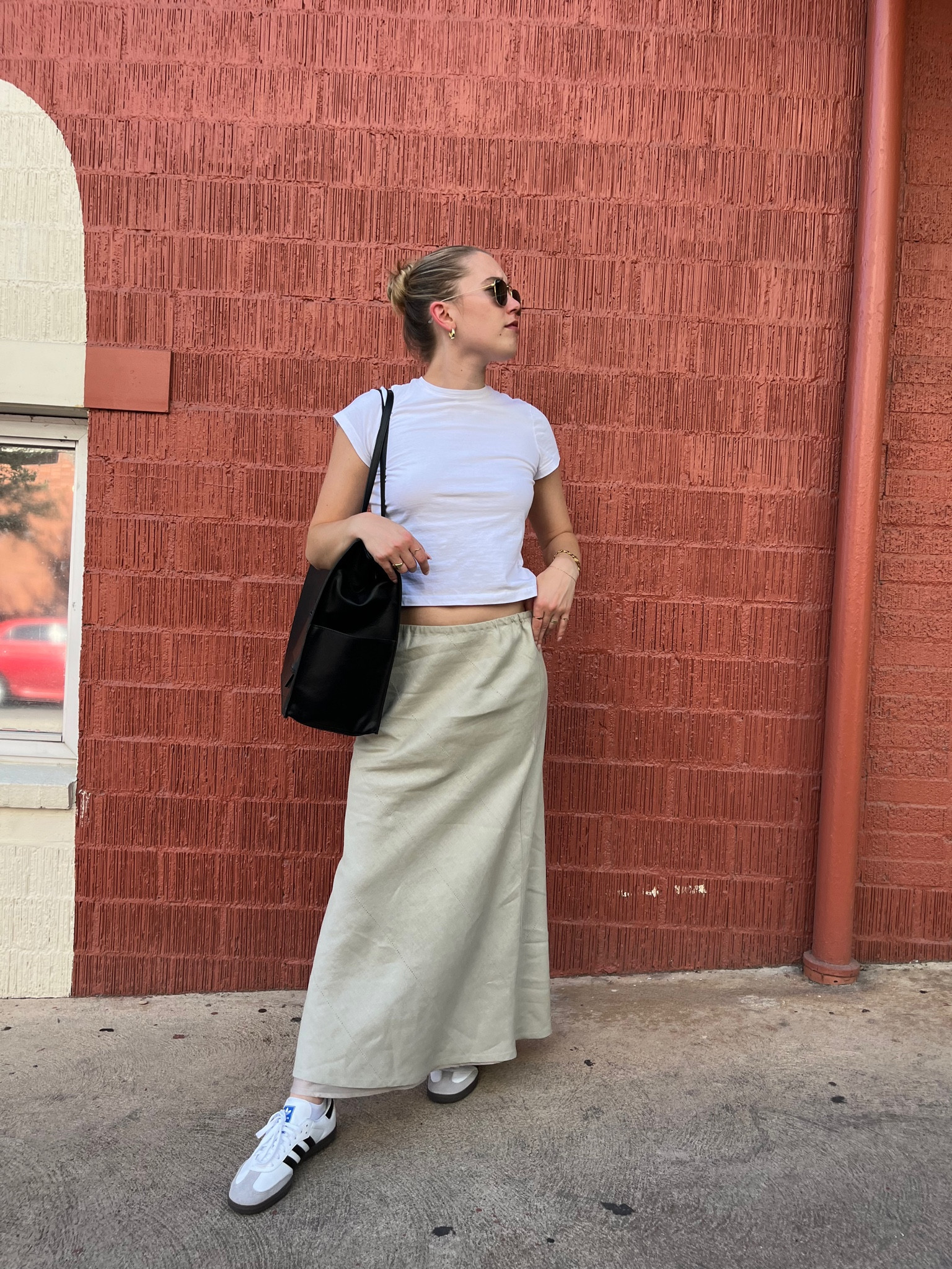 Top to bottom 
Sunnies: rayban
Top: cotton on
Skirt: linen (similar linked)
Bag: Beis work tote
Shoes: adidas samba original 

#LTKunder50 #LTKshoecrush #LTKSeasonal