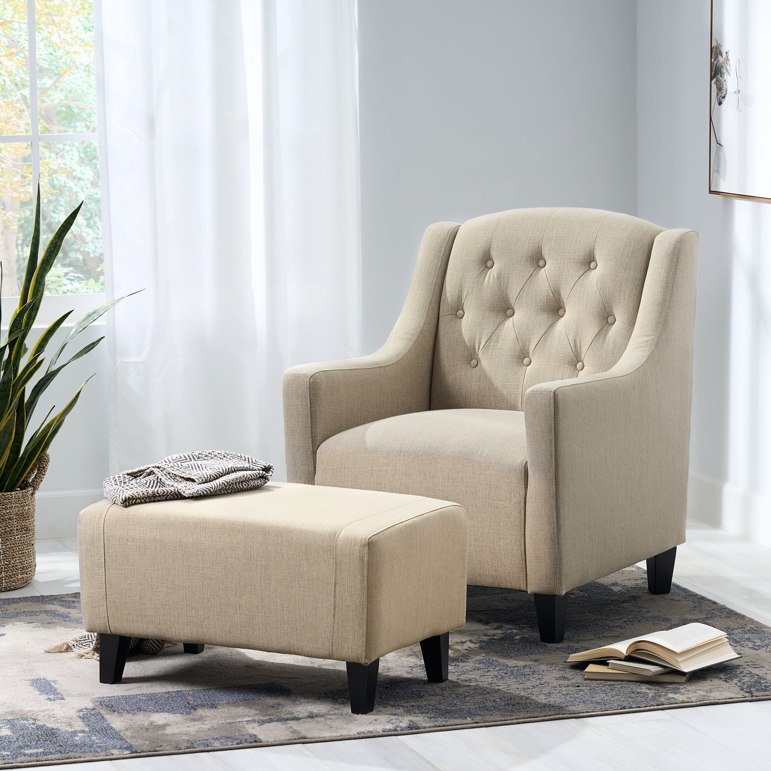 Noble House Sofia Tufted Fabric Chair and Ottoman Sets, Light Beige | Walmart (US)