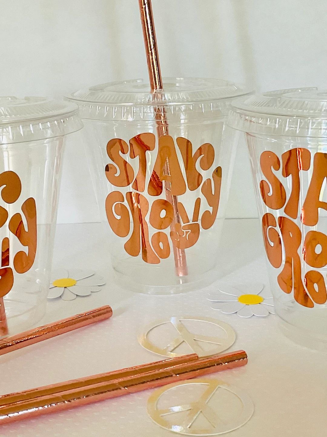 stay groovy plastic disposable drink cups favor cup birthday 12 oz. 70’s retro hippie groovy on... | Etsy (US)
