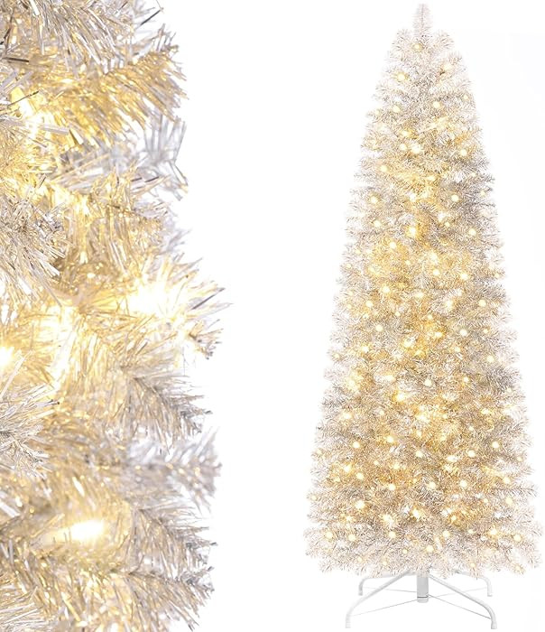 Decoway Pre-lit Pencil Christmas Tree 7.5ft Artificial Silver Tinsel Xmas Tree with Metal Stand a... | Amazon (US)