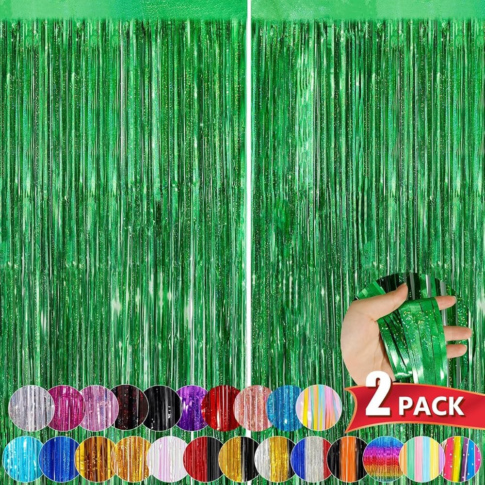 Green Metallic Tinsel Foil Fringe Curtains, 2 Pack 3.3x8.3 Feet Party Streamer for Birthday Party... | Amazon (US)