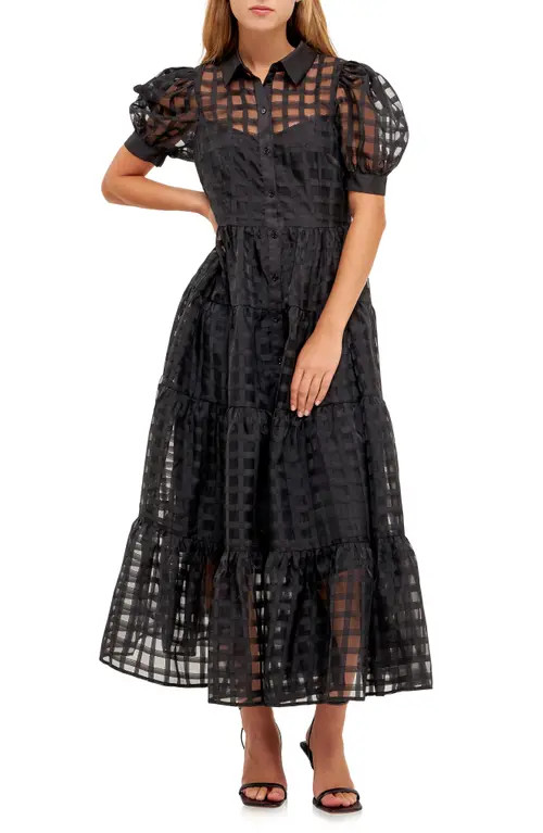 English Factory Grid Pattern Tiered Midi Shirtdress in Black at Nordstrom, Size Small | Nordstrom