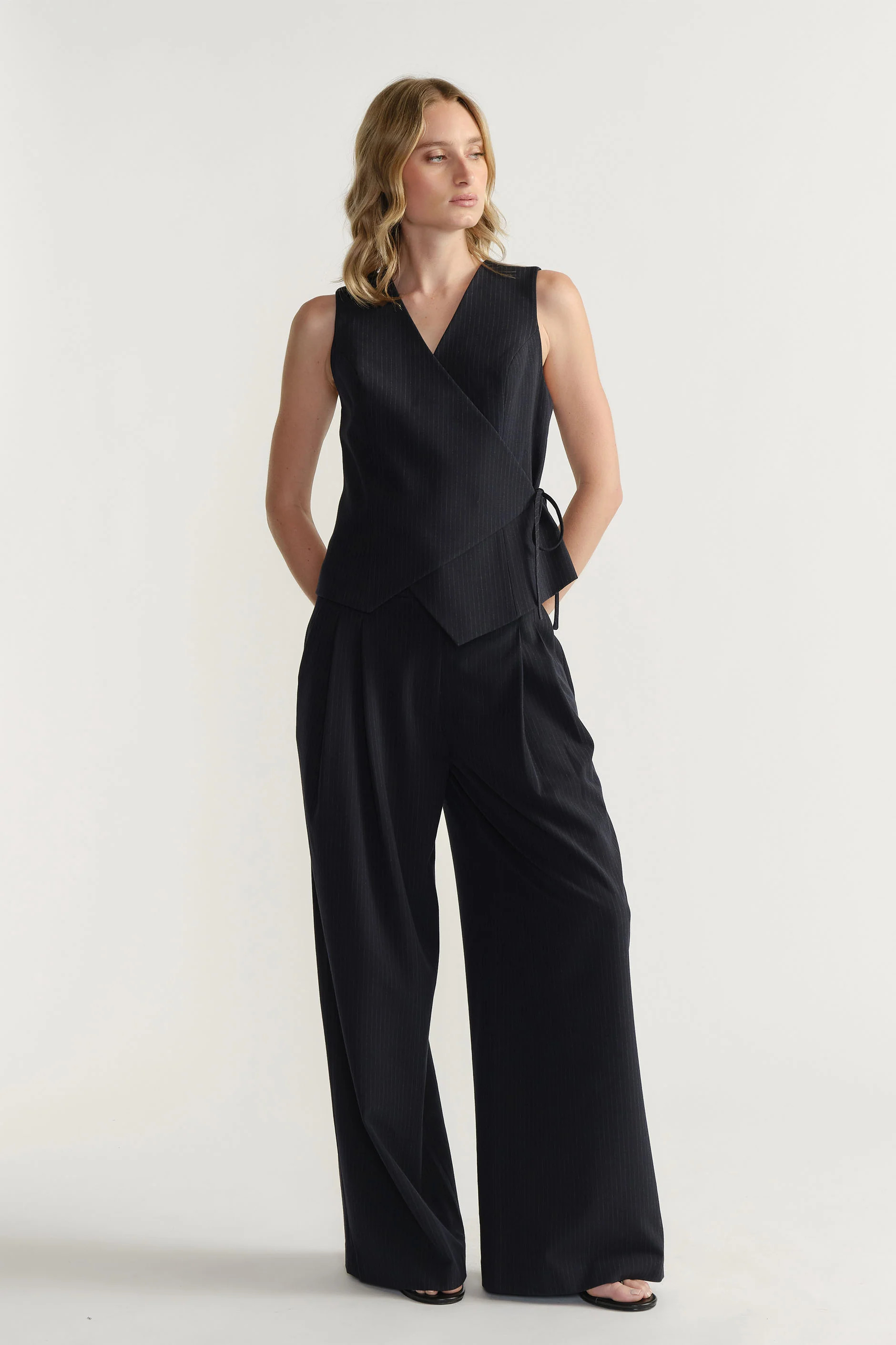 Clara Pleated Pant - Navy Pinstripe | DECJUBA