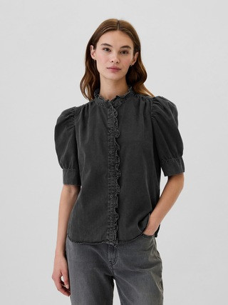 Denim Puff Sleeve Ruffle Top | Gap Factory