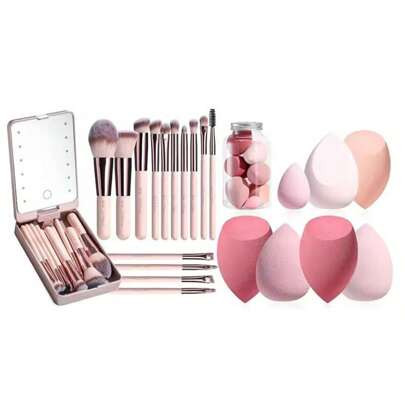 Travel Makeup Brush Set Foundation Powder Concealers Eye Shadows Makeup Set With LED Light Mirror 14 Pcs Mini Makeup Brushes (APINK)With 5 Sponge & Ho | SHEIN