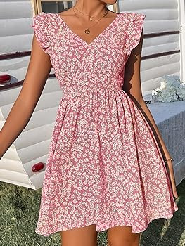 Romwe - Vestido corto para mujer con volantes y lazo en la espalda, bonito, holgado y acampanado | Amazon (US)