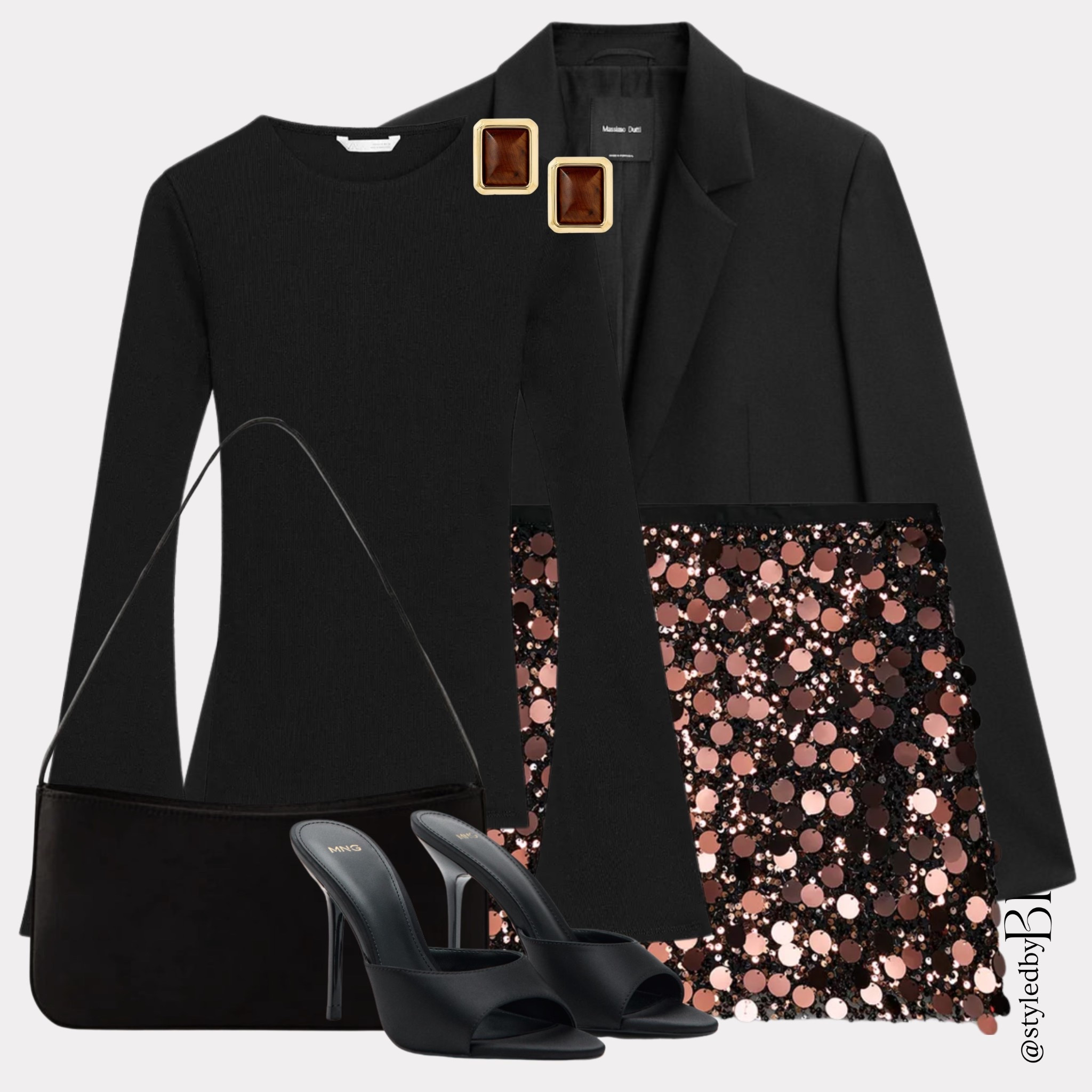 Yes, I’ve styled this skirt again… but that’s the magic. Switch up the tones and suddenly it’s a whole new vibe. Trust me, no one’s noticing an outfit repeat when you know how to restyle it. ✨

Black long-sleeve knit top, Black tailored blazer, Sequin embellished mini skirt (rose-bronze tones), Black shoulder bag, Black heeled mules, Square gold and brown statement earrings

#LTKpartywear #LTKwinter #LTKfestive