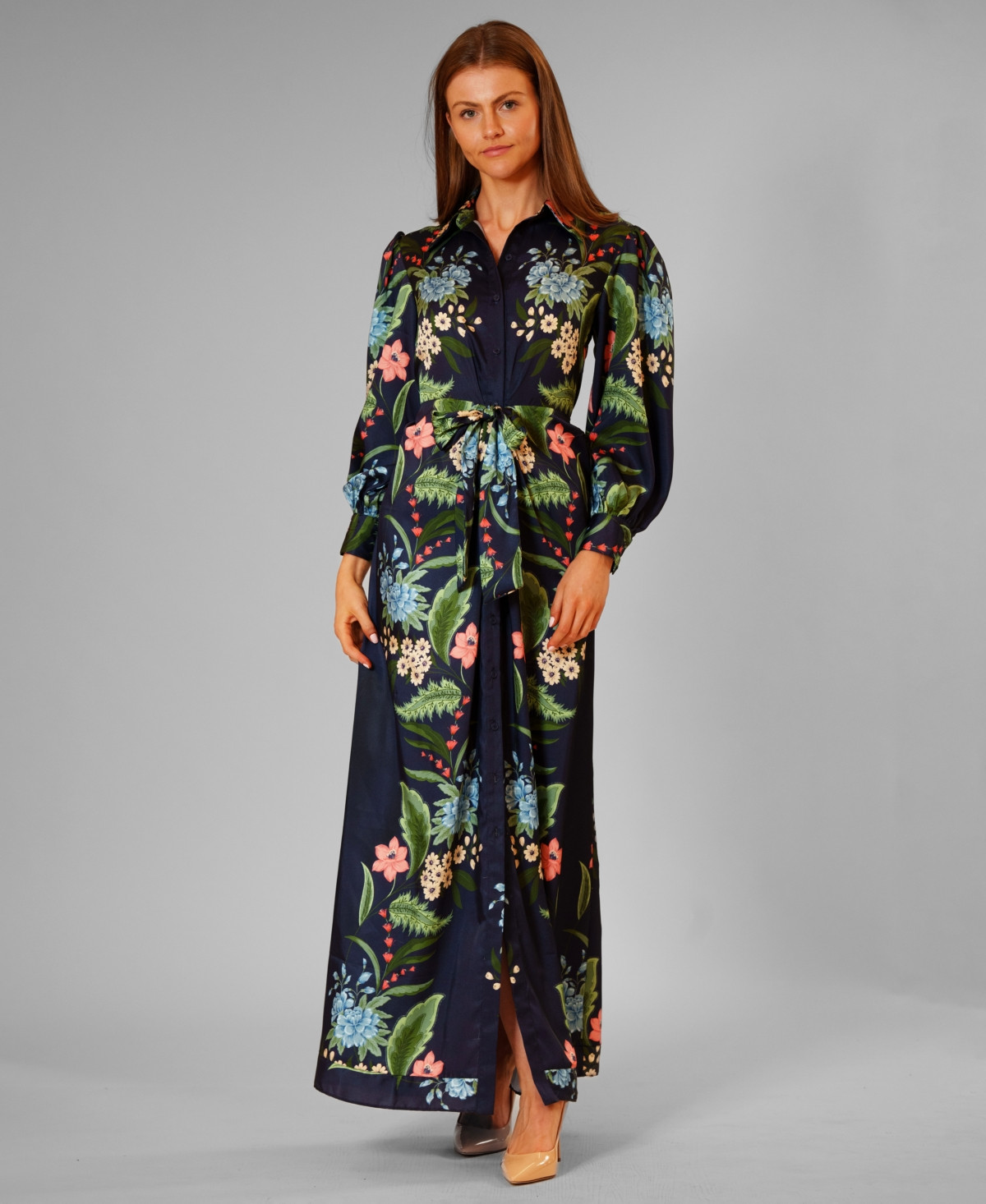 julia jordan Women's Long-Sleeve Collared Maxi Shirt Dress - Navy Multi | Macy's