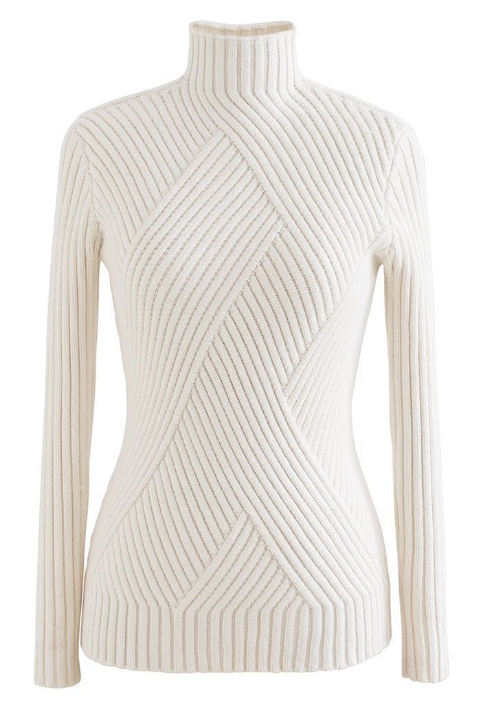 Mock Neck Long Sleeve Fitted Knit Top in Ivory | Chicwish
