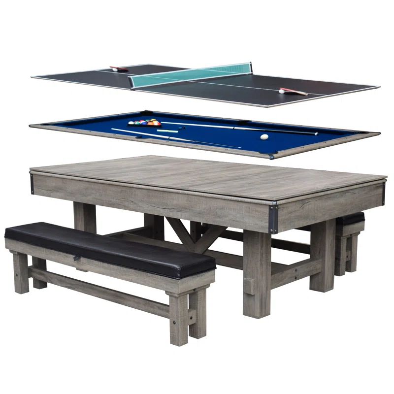 Hathaway Logan 7-ft Pool Table Combo Set with Benches - Rustic Gray with Blue Felt, Barnwood | Wayfair North America