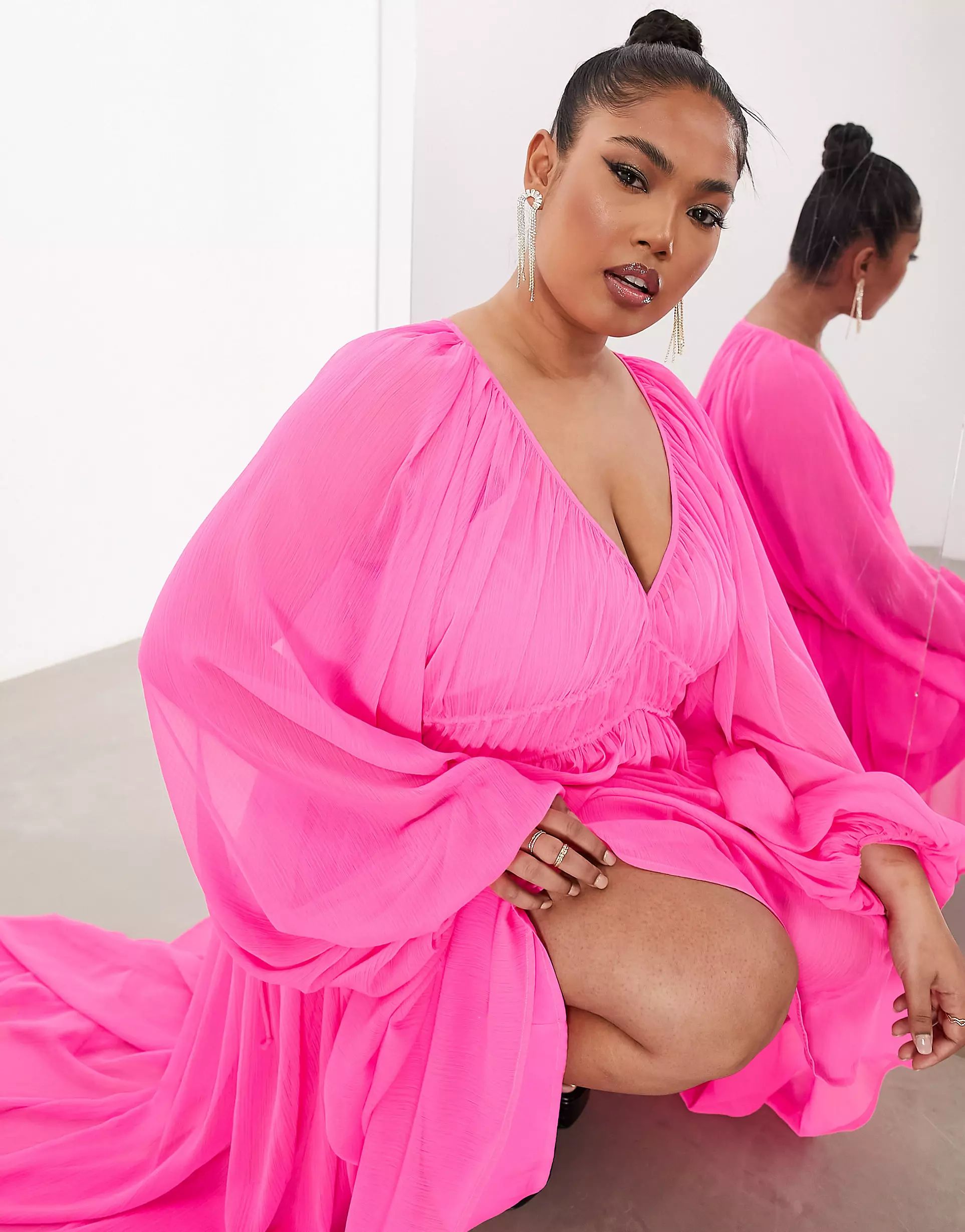 ASOS EDITION Curve ruched gathered waist chiffon maxi dress in hot pink | ASOS (Global)