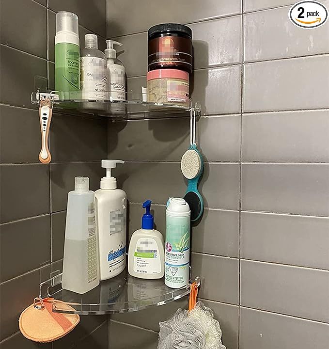 JiePai Acrylic Corner Shower Caddy Shelf with Hooks 2 pack, Adhesive Wall Mounted Bathroom Shower... | Amazon (US)