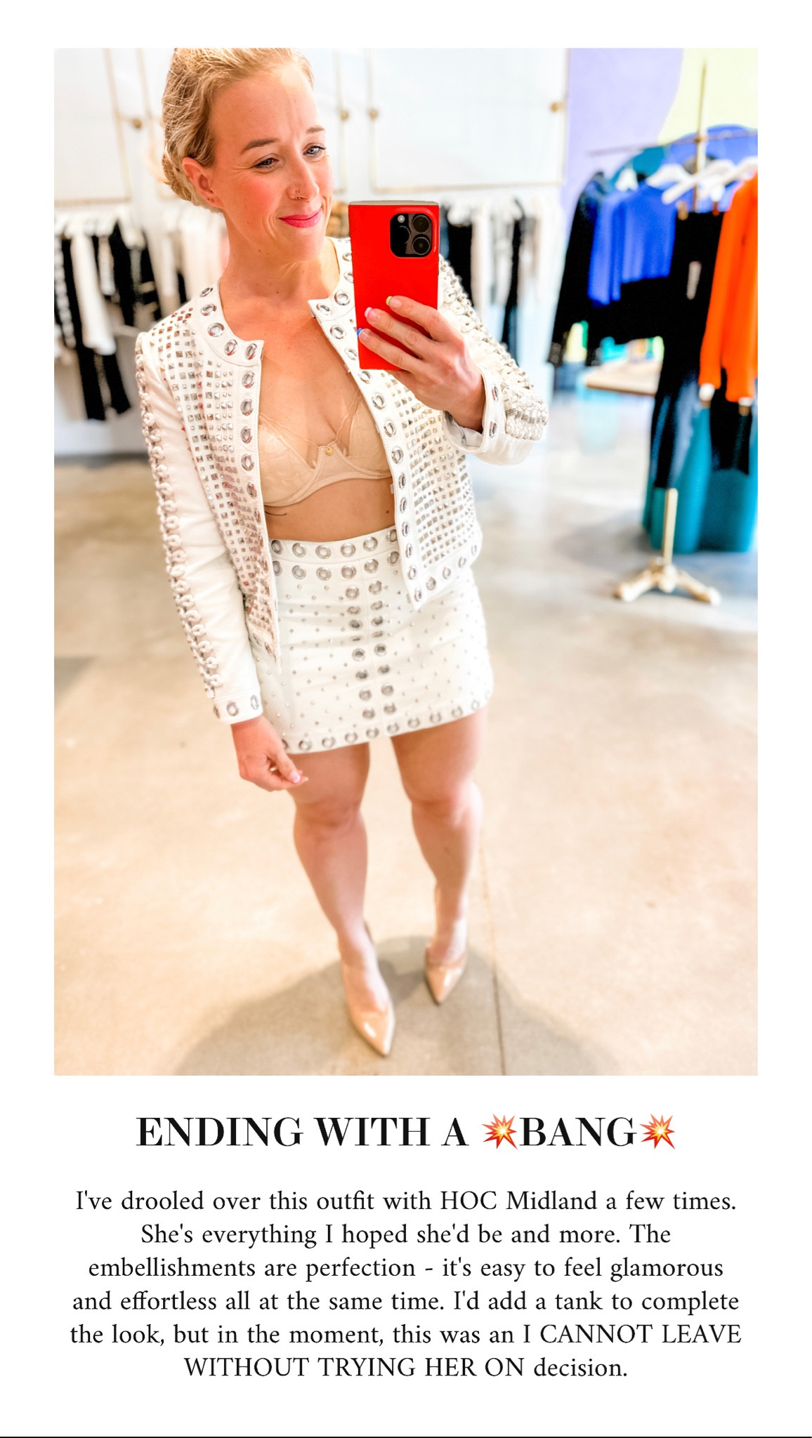 Soft white embellished leather jacket and matching a-line leather skirt. The skirt is high-waisted with a back zipper closure. The fit is true-to-size.

#Hocsummer 
House of Colour Summer
Leather jacket with embellishments
White leather jacket
White embellished leather skirt
A-line white leather skirt

#LTKFind #LTKstyletip