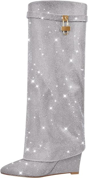 Richealnana Women's Rhinestones Pointed Toe Wedge Boots Knee High Fold Over Boots | Amazon (US)