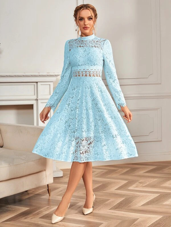 Mock Neck Guipure Lace Overlay Dress | SHEIN