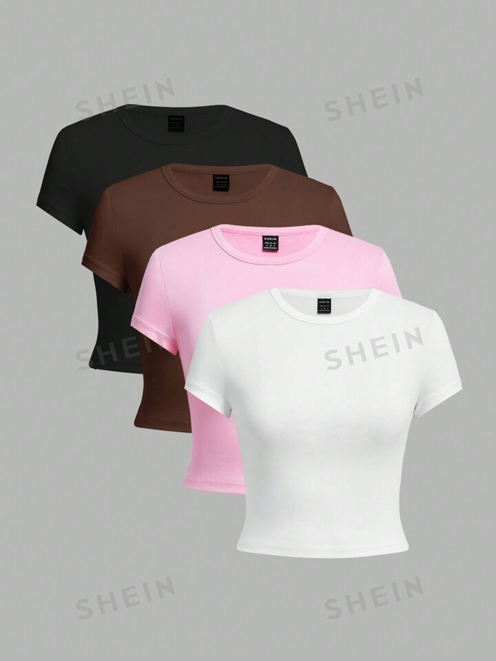 SHEIN EZwear 4pcs Casual Round Neck Short Sleeve Slim Women T-Shirt, Suitable For Summer | SHEIN
