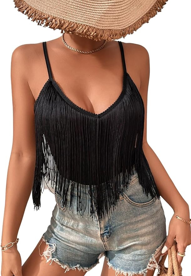 Womens Fringe Tank Top - Festival Solid Tassel Hem Tops Sleeveless V Neck Concert Outfits Boho Ca... | Amazon (US)