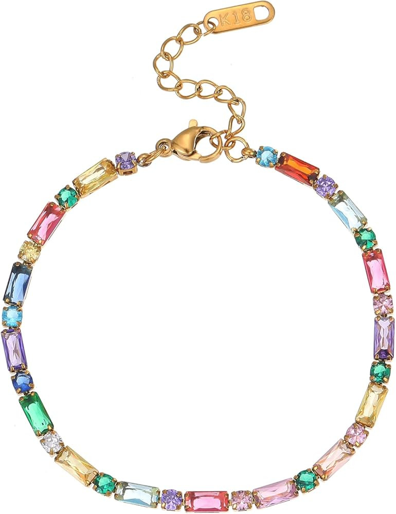 18K Gold Plated Multi-Color Classic Tennis Bracelet for Women Dainty Color 3mm Rainbow Cubic Zirc... | Amazon (US)