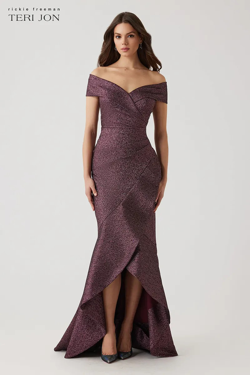 Metallic Jacquard Ruffle High Low Off The Shoulder Gown | TERI JON