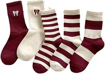 Fashion Red Socks for WomenCute Stripe & Bow Pattern Ankle Crew Socks Holiday Gifts for Women 5 P... | Amazon (US)