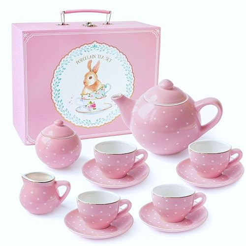 Jewelkeeper Tea Set for Little Girls - 14-Piece Porcelain Tea Party Set - Childs Pink Tea Set Includes Teapot, Tea Cups, Saucers, Creamer, and Sugar Bowl - Polka Dot Design | Amazon (US)