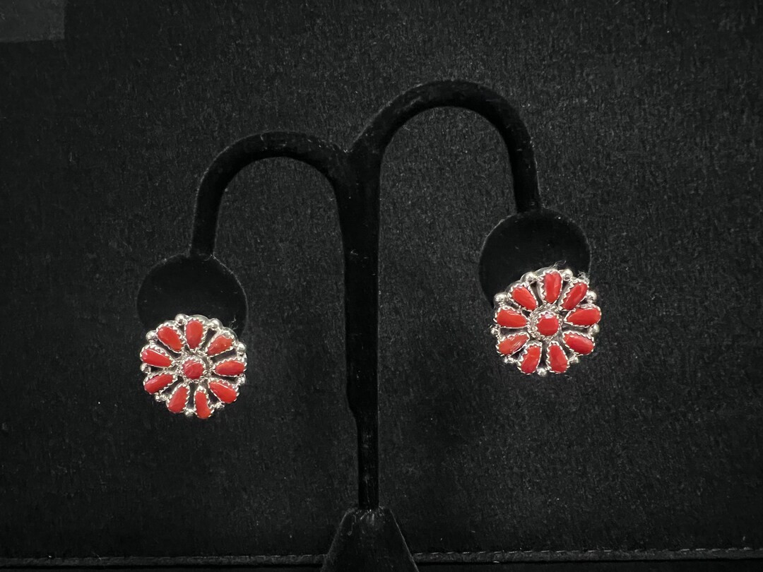 AJW, Zuni, Coral Cluster Stud Earrings in Sterling Silver - Etsy | Etsy (US)