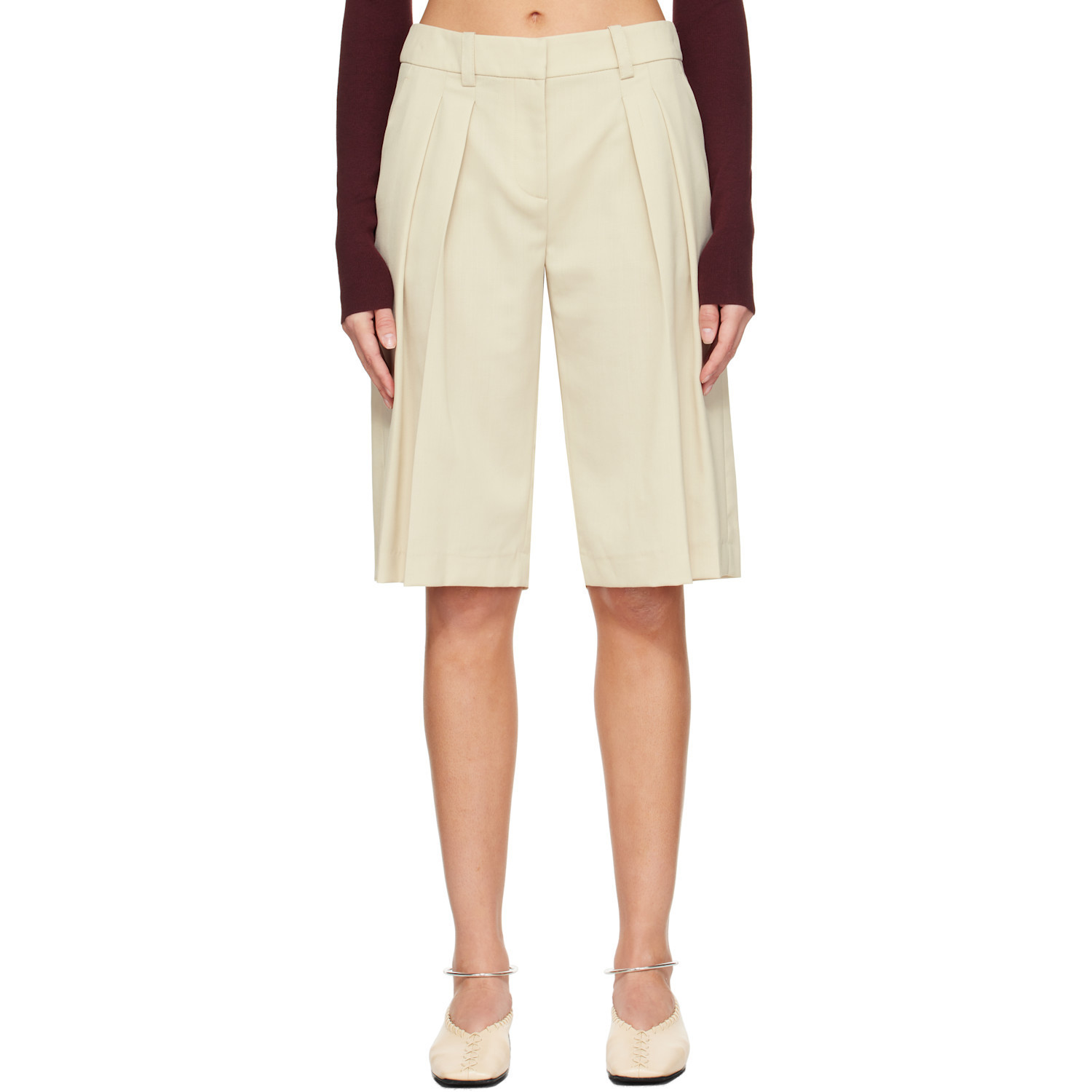 The Frankie Shop Beige Bilbao Pleated Bermuda Shorts | SSENSE