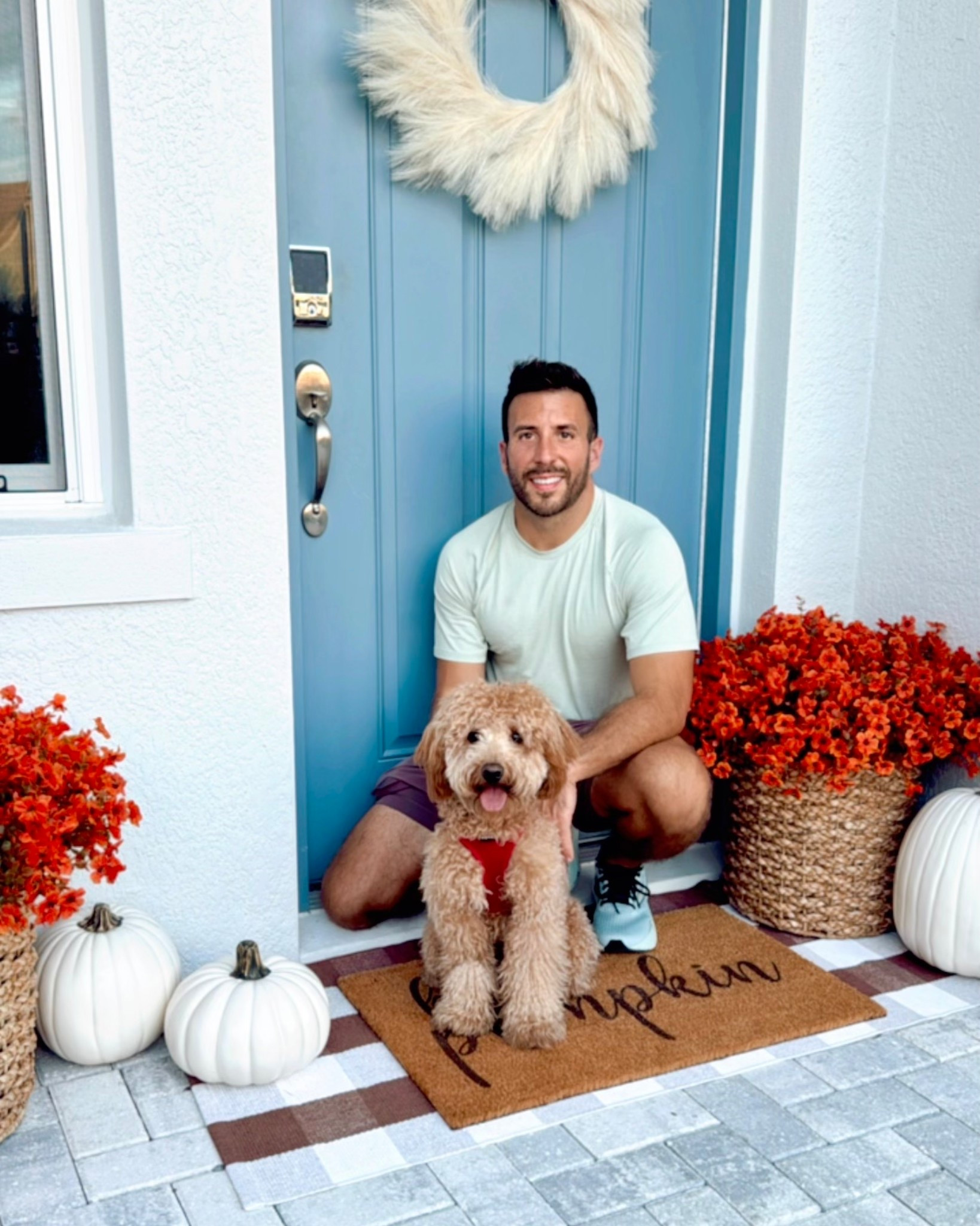 Fall Porch + Patio Decor - Artificial Mums styled in a woven basket with artificial white pumpkins, a plaid mat, seasonal pumpkin welcome mat, + a cream pampas wreath for the front door. 

The fake pumpkins come as orange pumpkins in various sizes. The artificial mums also come in a variety of fall colors. 

This only took me a few minutes to put together and decorate our front porch/ patio.  I arranged the mums into the styrofoam and then placed each set in a basket. This is an easy + cozy way to decorate your home for fall! 

#LTKHome #LTKSeasonal #LTKFindsUnder50