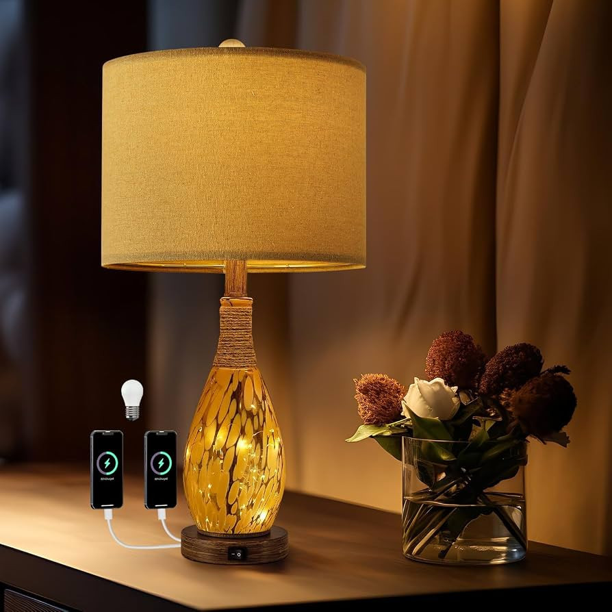 OYEARS 23" USB A+C Table Lamp for Bedroom Living Room Modern Bedside Lamps Retro Farmhouse Rattan... | Amazon (US)