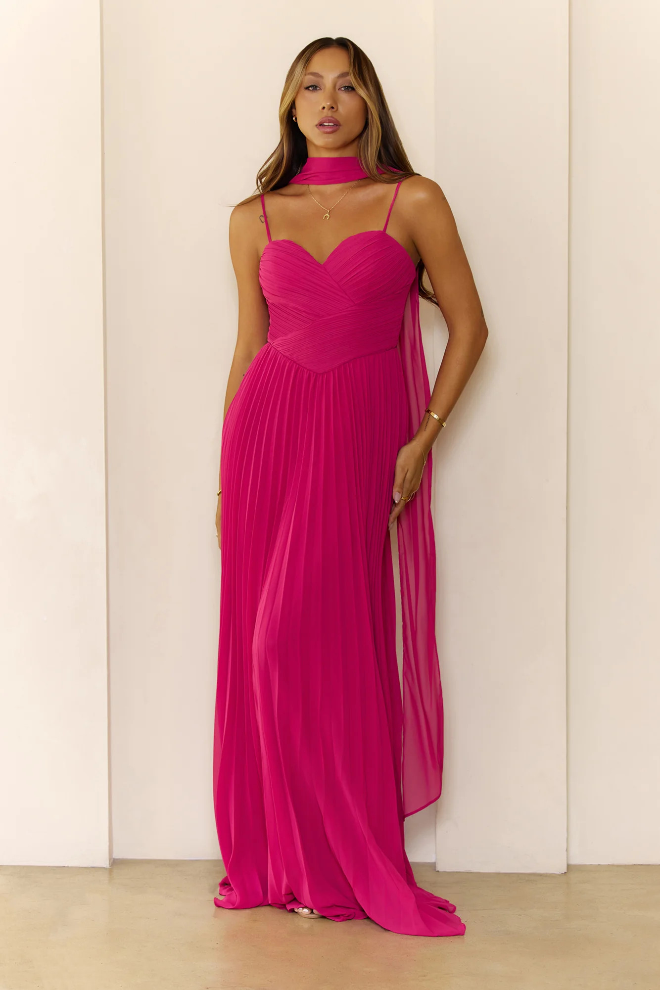 Sweetheart Pleated Scarf Maxi Dress Hot Pink | Hello Molly (US)