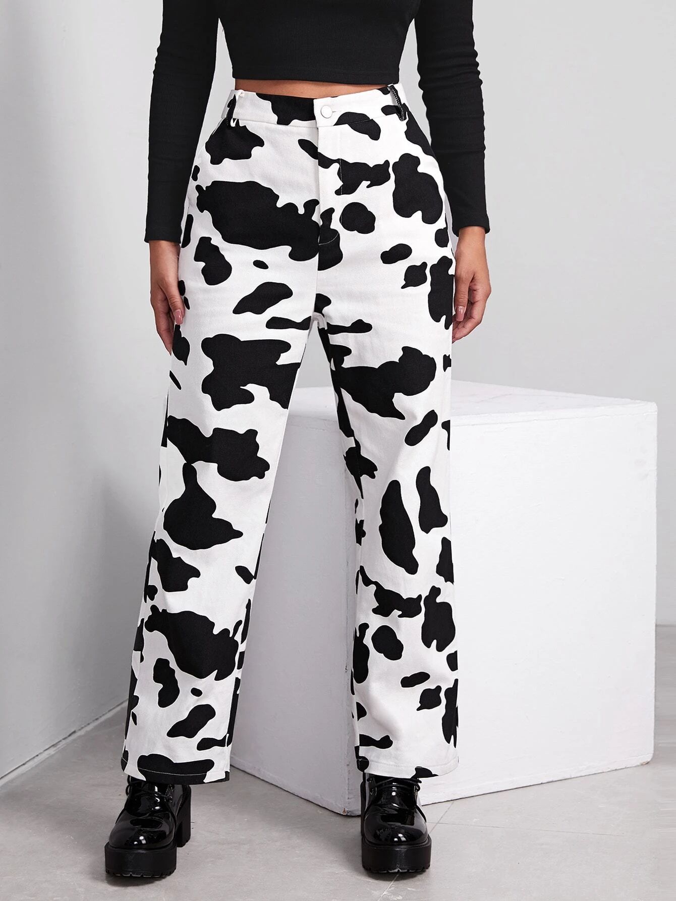 SHEIN EZwear Buttoned Front Cow Print Pants | SHEIN