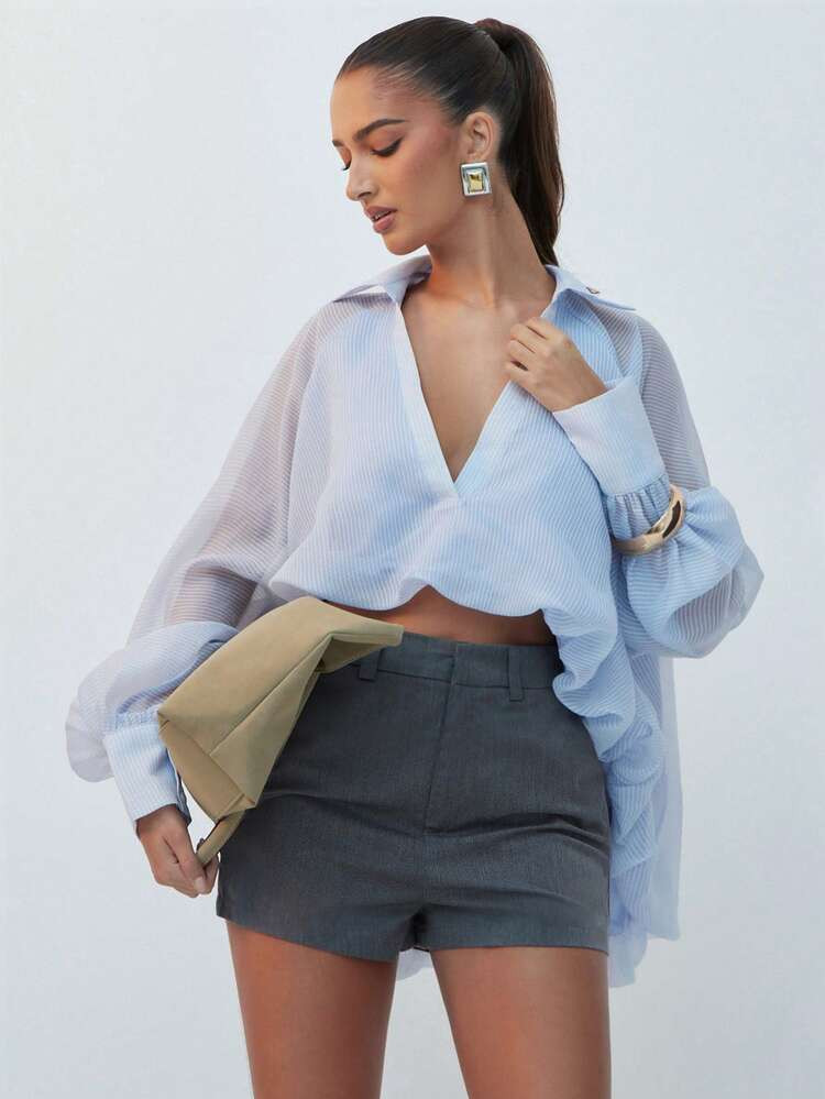 Hauture Light Blue,Summer,Elegant,Tea Party Sheer Striped Balloon Sleeve Crop Shirt,Lightweight F... | SHEIN