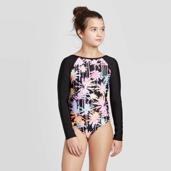 Girls' Knotted Strap Palm Tree Tie-Dye One Piece Swimsuit - art class™ Black | Target
