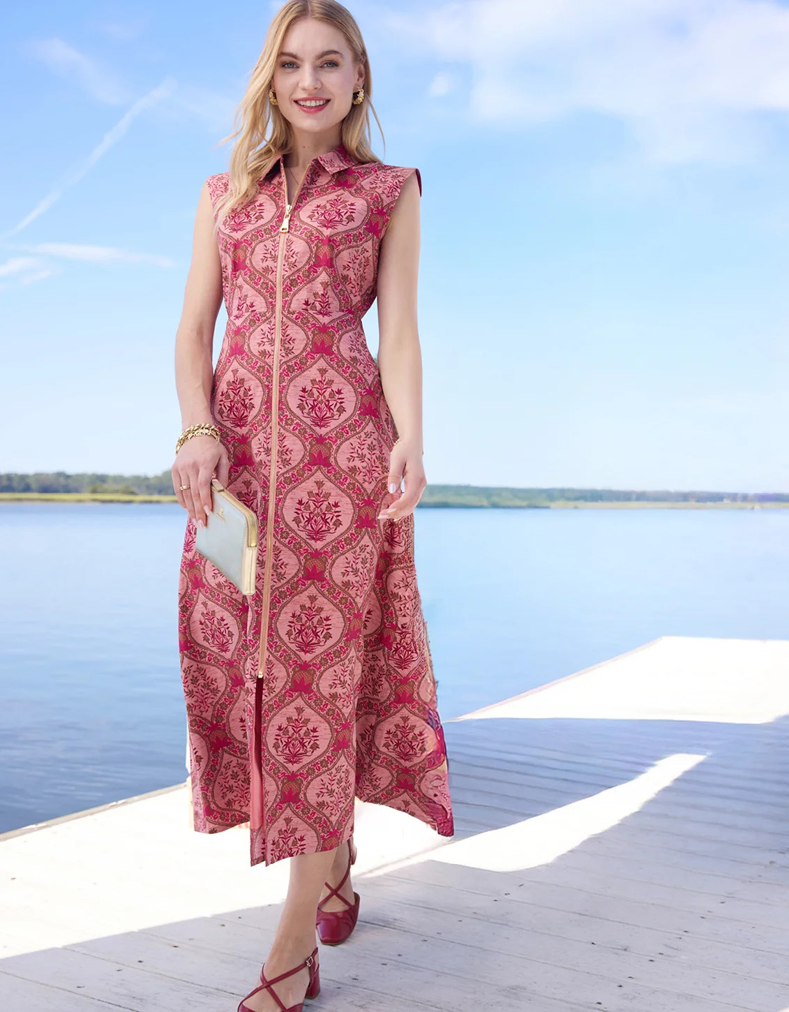 Lainey Shirt Dress Etta Damask Pomegranate | Spartina 449