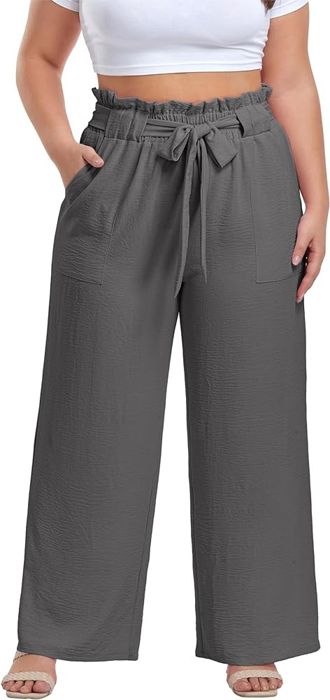 OLRIK Women's Plus Size Pants Adjustable High Waist Wide Leg Palazzo Casual Trousers with Pockets... | Amazon (US)