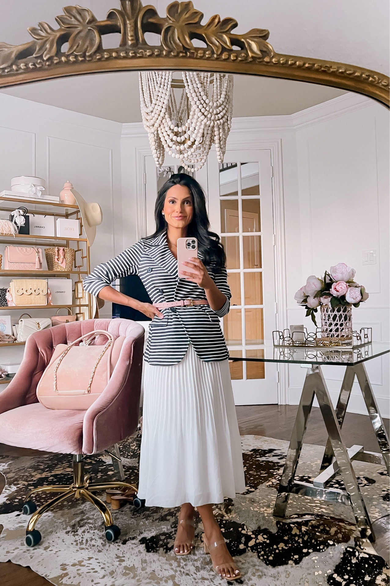 Striped blazer: XXS Petite
White pleated Midi Skirt: XXS Petite
Pink skinny belt: XS 
Clear heels: size 5

A work outfit you can wear now and later! Just add some boots or booties for Fall. 

#LTKworkwear #LTKSeasonal #LTKunder100