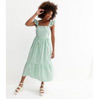 Green Stripe Frill Strap Tiered Midi Dress New Look | New Look (UK)