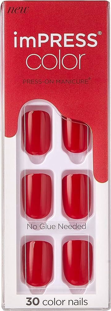 KISS imPRESS No Glue Mani Press On Nails, Color, 'Reddy or Not', Red, Short Size, Squoval Shape, ... | Amazon (US)