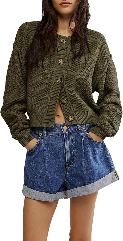 Zontroldy Womens 2024 Fall Casual Cropped Cardigan Button Front Solid Color Long Sleeve Tops Swea... | Amazon (US)