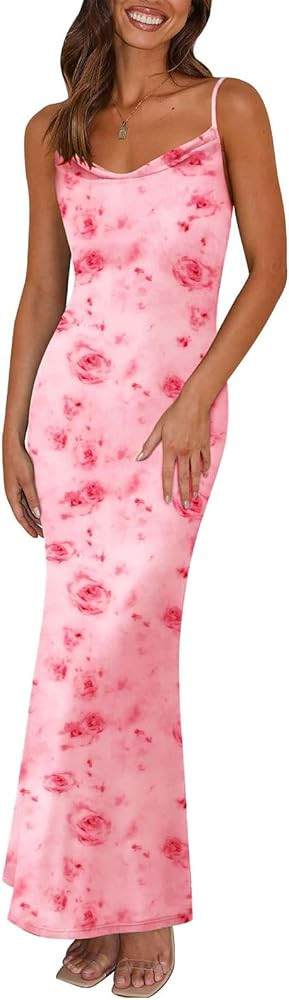 PRETTYGARDEN Women's 2025 Summer Floral Spaghetti Strap Maxi Dress Stretch Sexy Bodycon Dress Bac... | Amazon (US)