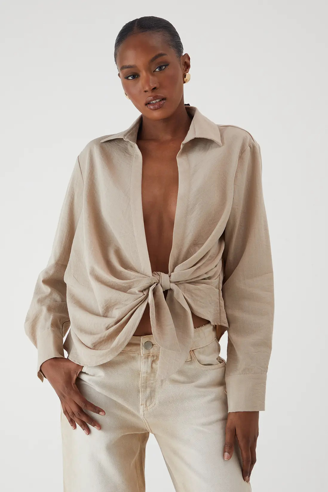 Shirts | Linen Look Tie Side Oversized Shirt | MissPap | Debenhams UK