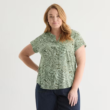 Liz Claiborne Womens Plus Split Crew Neck Short Sleeve Blouse, 5x, Green | JCPenney