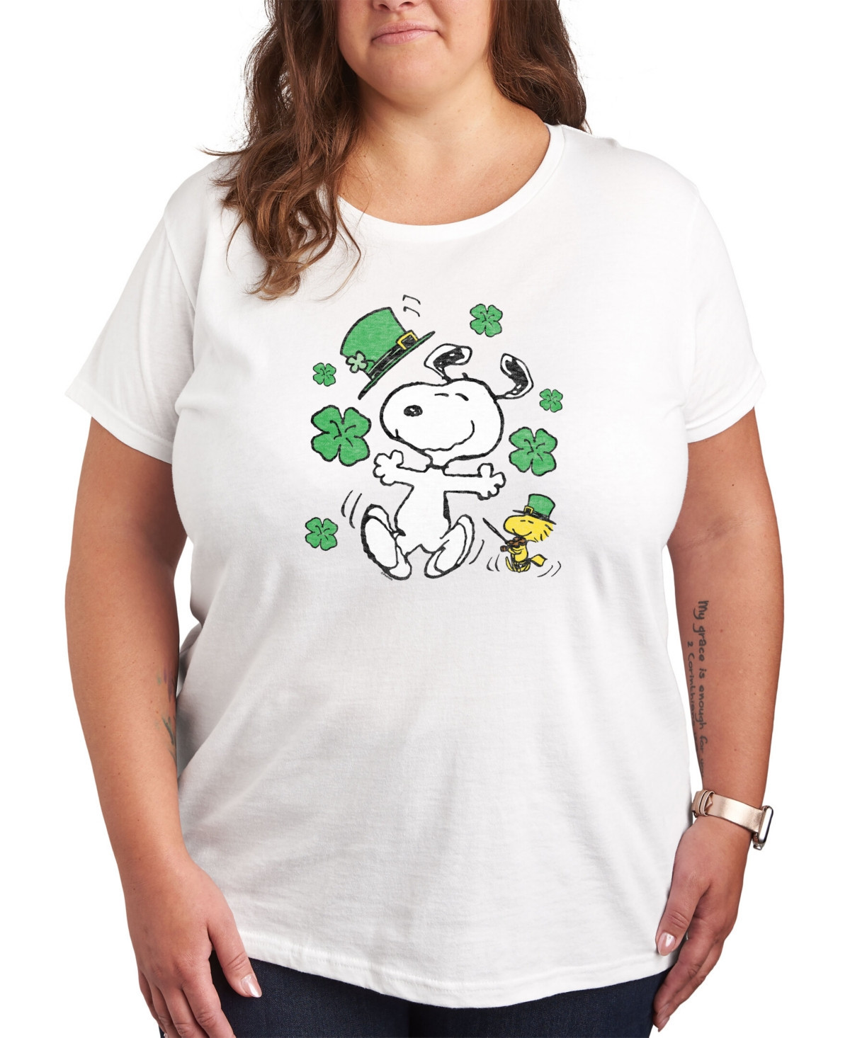 Air Waves Trendy Plus Size Peanuts Snoopy & Woodstock Patrick's Day Graphic T-shirt - White | Macy's